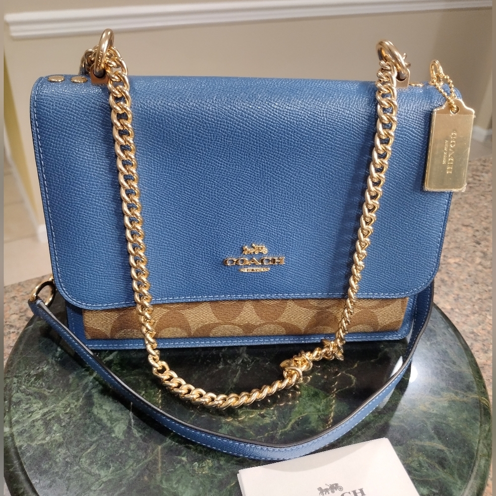 NWOT COACH Klare Blue/ Brown Signature Gold /Leather Chain Strap